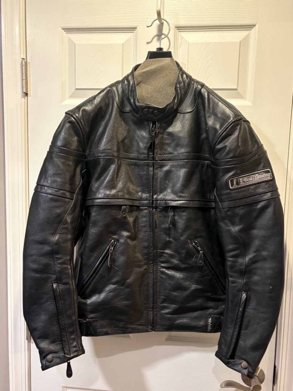Men's Black Leather Motorcycle Jacket by Fast Racing (Size: M)